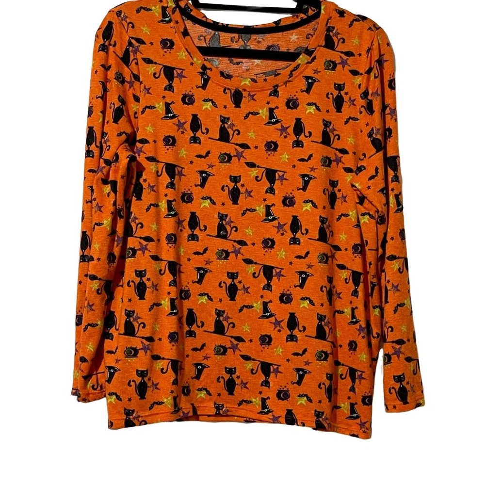 Celebrate Halloween youth? size L 12/14 super soft Halloween cat broom stars top